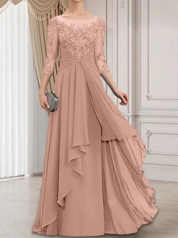 A-line Scoop Illusion Floor-Length Lace Chiffon Mother of the Bride Dress With Cascading Ruffles by Dreamylily