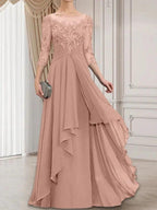 A-line Scoop Illusion Floor-Length Lace Chiffon Mother of the Bride Dress With Cascading Ruffles by Dreamylily