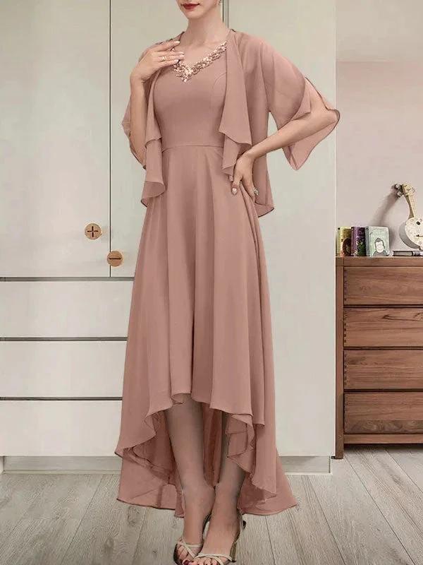 A-line V-Neck Asymmetrical Chiffon Mother of the Bride Dress With Beading Sequins by Dreamylily