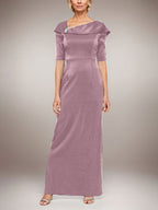 Long Shimmer Column Dress with Foldover Cuff L-Neckline and Elbow Sleeves