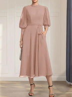 A-line High Neck Tea-Length Lace Chiffon Mother of the Bride Dress With Bow by Dreamylily