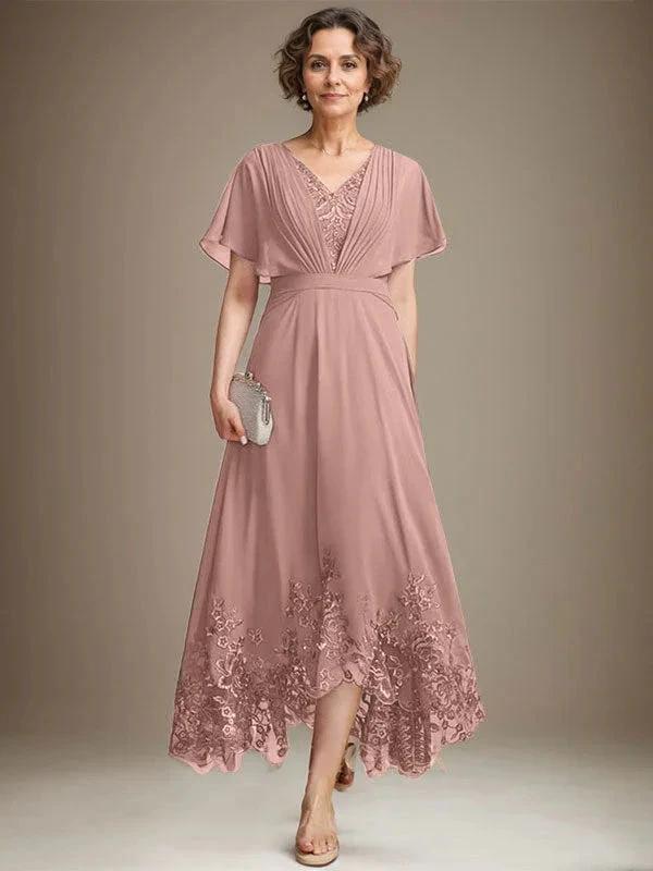 A-line V-Neck Asymmetrical Lace Chiffon Mother of the Bride Dress With Pleated by Dreamylily