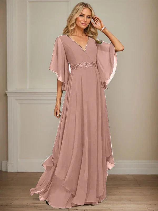 A-line V-Neck Floor-Length Chiffon Mother of the Bride Dress With Sequins Appliques Lace Beading by Dreamylily