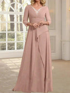A-line V-Neck Floor-Length Chiffon Mother of the Bride Dress With Pleated Beading by Dreamylily