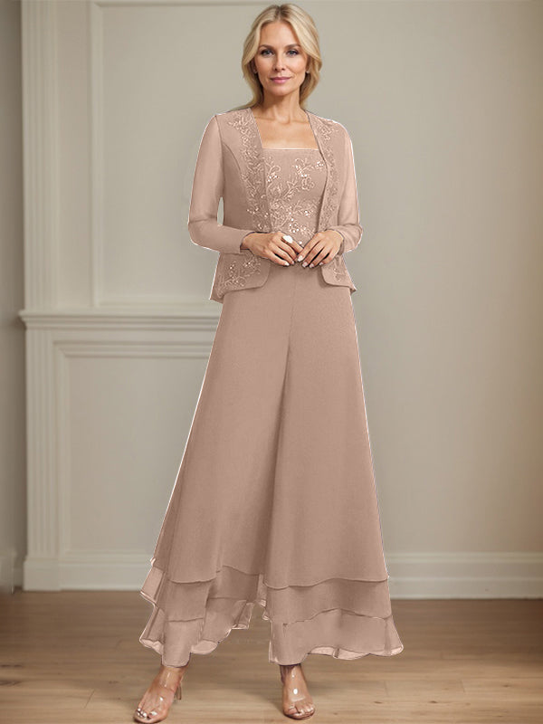 Separates Jumpsuit/Pantsuit Square Ankle-Length Lace Chiffon Mother of the Bride Dress With Sequins