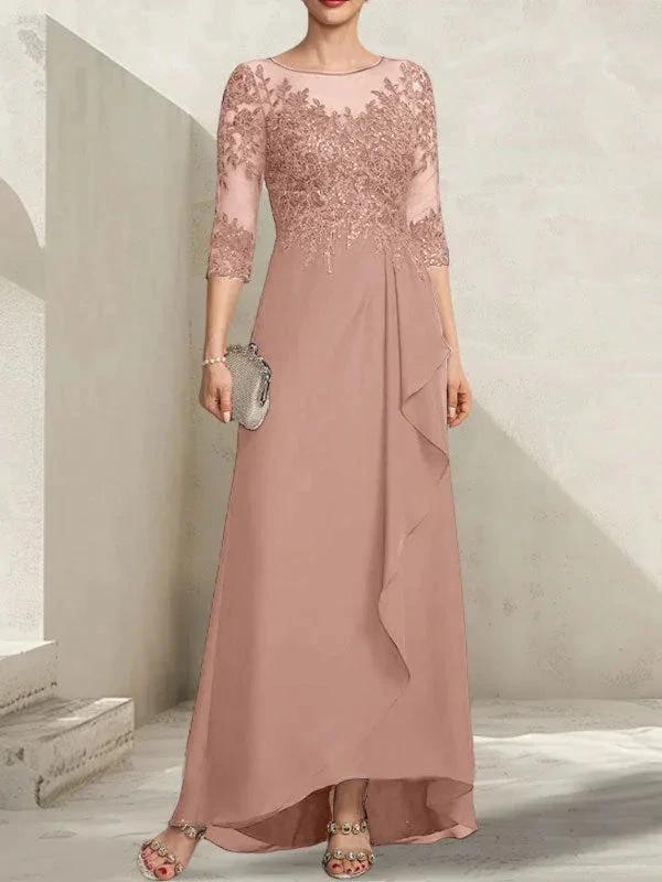 A-line Scoop Illusion Asymmetrical Lace Chiffon Mother of the Bride Dress With Sequins Cascading Ruffles by Dreamylily