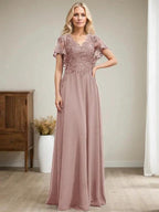 A-line V-Neck Floor-Length Lace Chiffon Mother of the Bride Dress With Sequins by Dreamylily