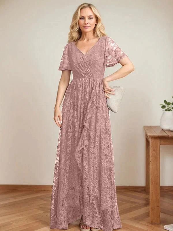 A-Line V-Neck Asymmetrical Lace Mother of the Bride Dress With Cascading Ruffles by Dreamylily