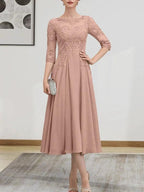 A-line Scoop Illusion Tea-Length Chiffon Lace Mother of the Bride Dress With Beading Sequins by Dreamylily