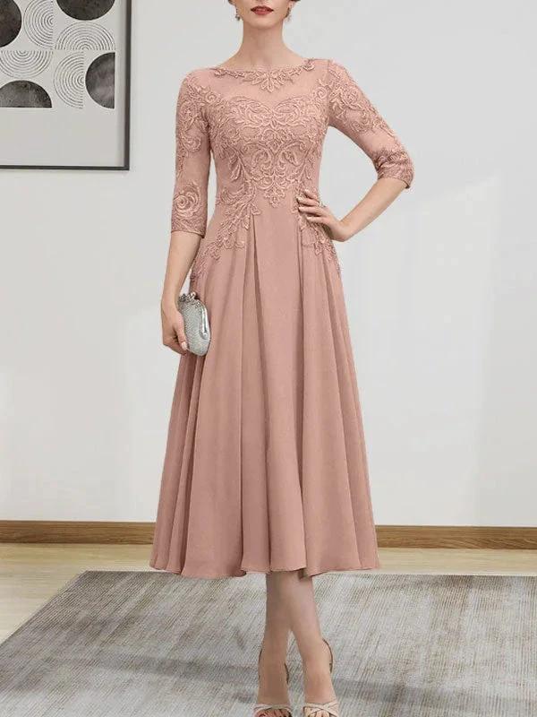 A-line Scoop Illusion Tea-Length Chiffon Lace Mother of the Bride Dress With Beading Sequins by Dreamylily