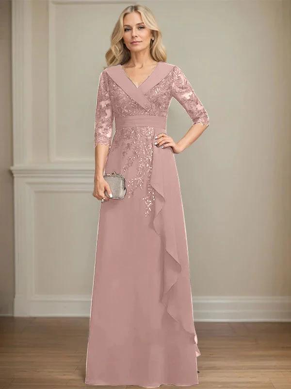 A-line Collared V-Neck Floor-Length Lace Chiffon Mother of the Bride Dress With Sequins Cascading Ruffles by Dreamylily