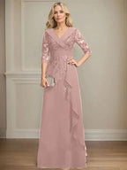 A-line Collared V-Neck Floor-Length Lace Chiffon Mother of the Bride Dress With Sequins Cascading Ruffles by Dreamylily