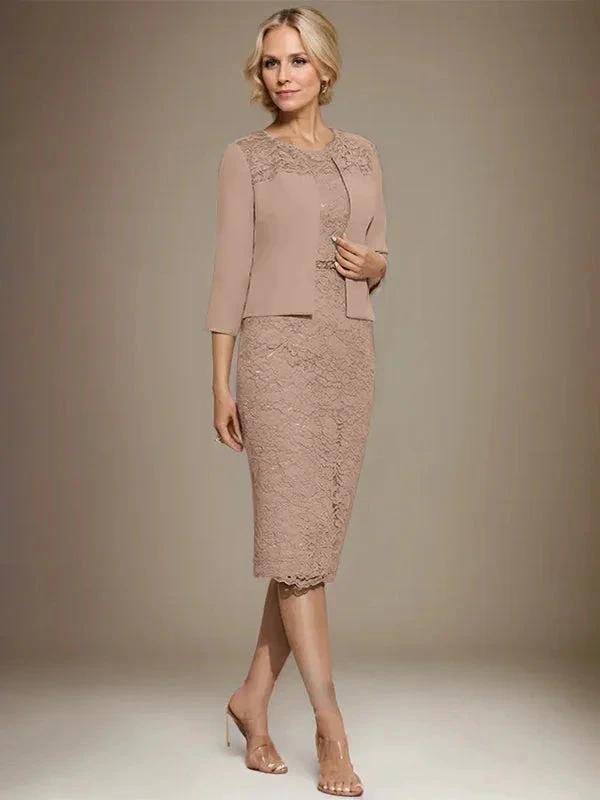 Sheath/Column Scoop Knee-Length Chiffon Lace Mother of the Bride Dress With Beading by Dreamylily