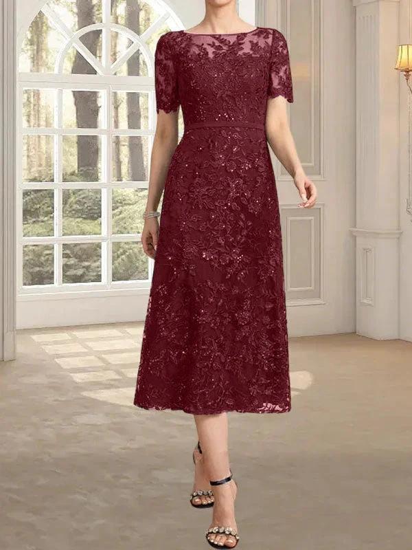 A-line Scoop Illusion Tea-Length Lace Mother of the Bride Dress With Sequins by Dreamylily