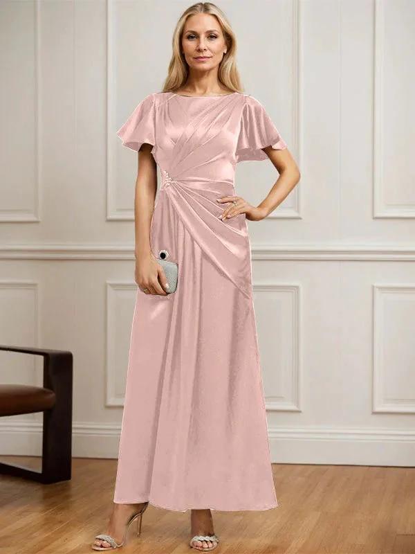 A-line Scoop Ankle-Length Stretch Satin Mother of the Bride Dress With Pleated Beading by Dreamylily