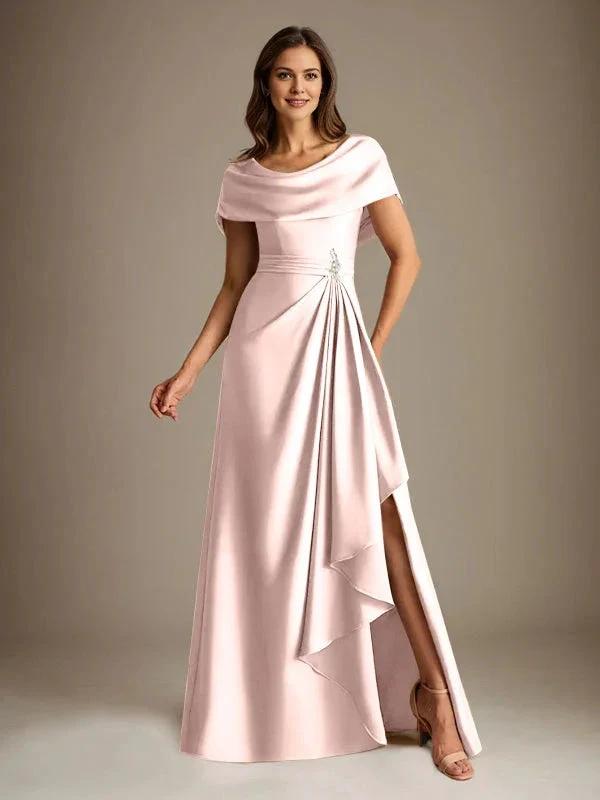 A-Line Scoop Floor-Length Stretch Satin Mother of the Bride Dress With Cascading Ruffles by Dreamylily