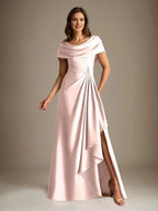 A-Line Scoop Floor-Length Stretch Satin Mother of the Bride Dress With Cascading Ruffles by Dreamylily