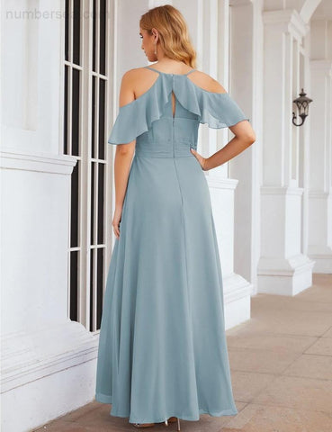 Numbersea Chiffon Cold Shoulder Long Bridesmaid Dresses Plus Size Formal Prom Gowns for Women Party Wedding  SEA28070
