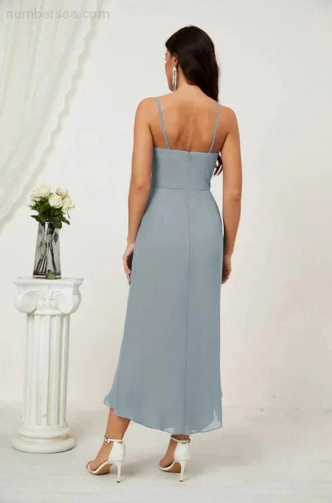 Numbersea Spaghetti Chiffon V Neck Bridesmaid Dress Mid-Length Slit Formal Prom Dress Homecoming Dress 2803 by numbersea