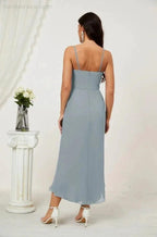 Numbersea Spaghetti Chiffon V Neck Bridesmaid Dress Mid-Length Slit Formal Prom Dress Homecoming Dress 2803 by numbersea