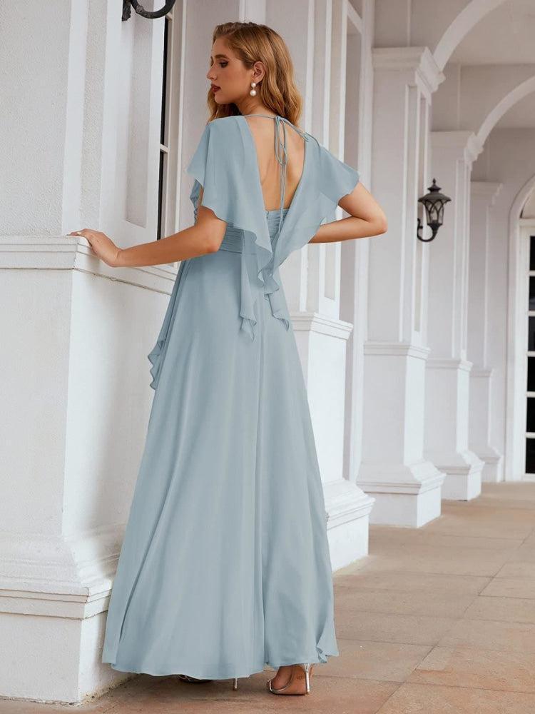 Numbersea Chiffon Bridesmaid Dresses Long Formal Evening Prom Mother of The Bride Dress with Flutter Sleeve     SEA28040