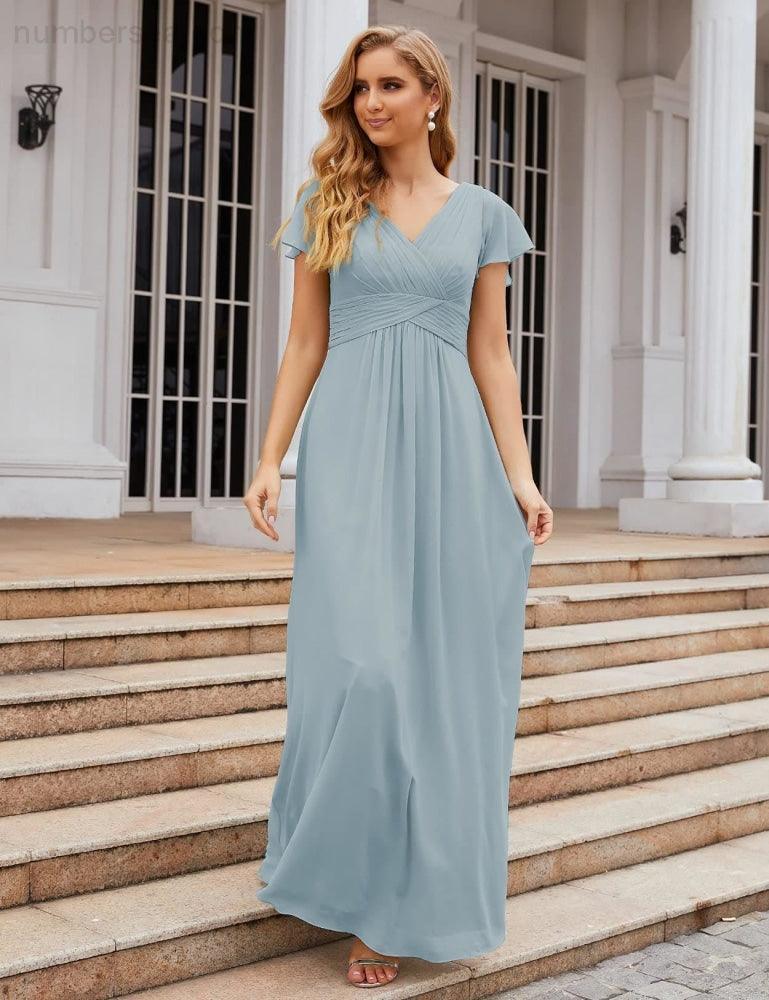 Numbersea Chiffon-Brautjungfernkleid mit kurzen Ärmeln, Maxikleid, Abendkleid, Partykleid, Hochzeitskleid, Mutter-der-Braut-Kleid für Damen SEA28047 