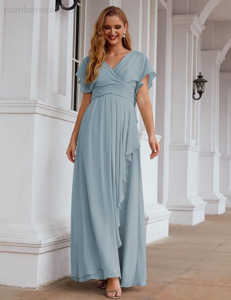 Numbersea Chiffon Bridesmaid Dresses Long Formal Evening Prom Mother of The Bride Dress with Flutter Sleeve     SEA28040