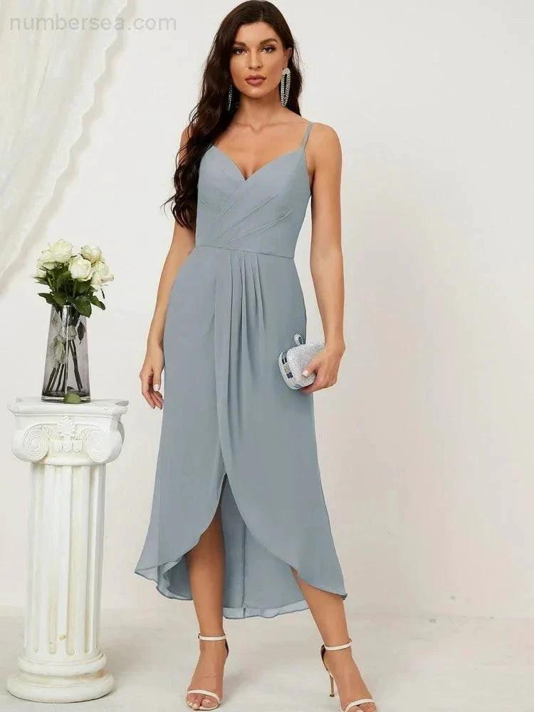 Numbersea Spaghetti Chiffon V Neck Bridesmaid Dress Mid-Length Slit Formal Prom Dress Homecoming Dress 2803 by numbersea