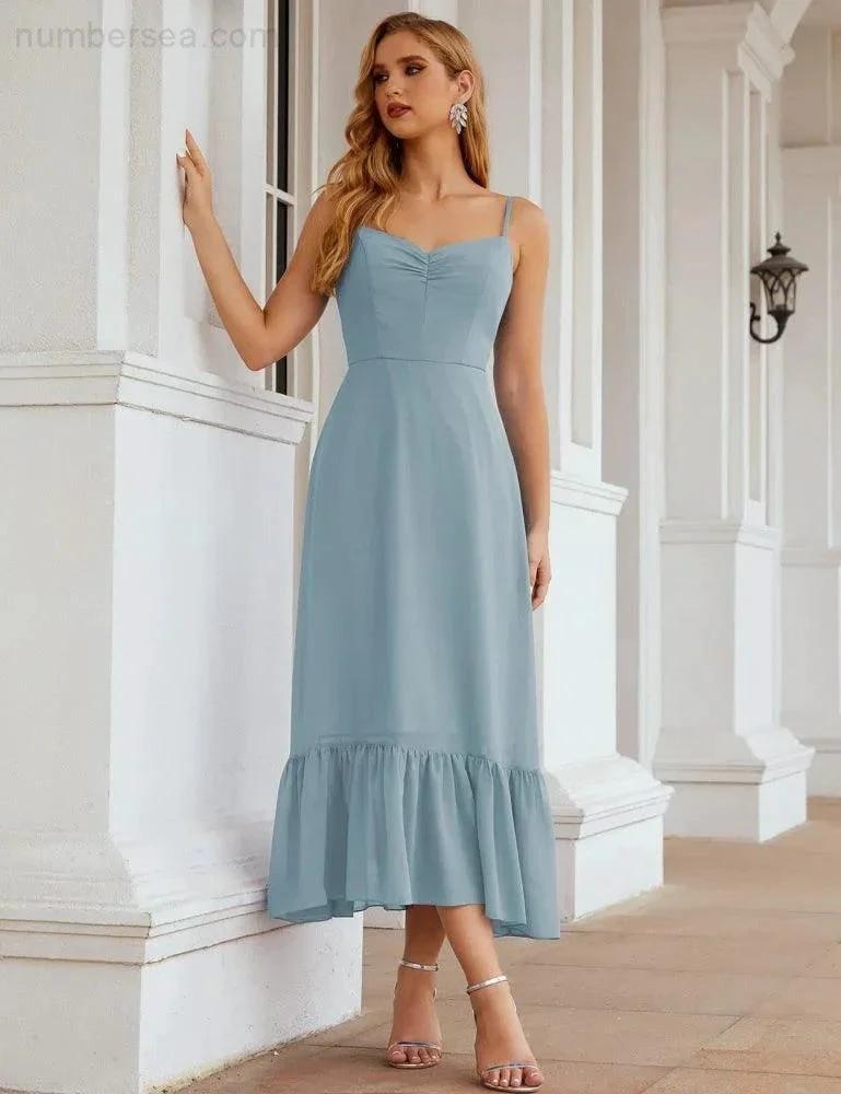 Numbersea Spaghetti Strap Chiffon Bridesmaid Dress Ankle Length Formal A Line Cocktail Party Homecoming Dress for Juniors SEA28028 by numbersea