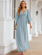 Numbersea Chiffon Bridesmaid Dresses with Split for Women Wedding Long Party Prom Gown Flutter Sleeve SEA28045 by numbersea