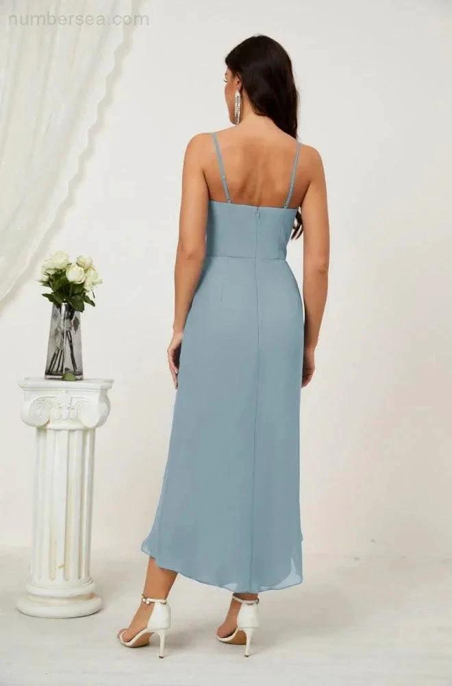 Numbersea Spaghetti Chiffon V Neck Bridesmaid Dress Mid-Length Slit Formal Prom Dress Homecoming Dress 2803 by numbersea