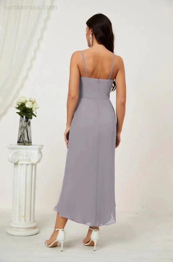 Numbersea Spaghetti Chiffon V Neck Bridesmaid Dress Mid-Length Slit Formal Prom Dress Homecoming Dress 2803 by numbersea