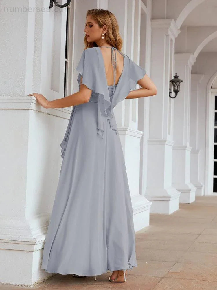 Numbersea Chiffon Bridesmaid Dresses Long Formal Evening Prom Mother of The Bride Dress with Flutter Sleeve     SEA28040