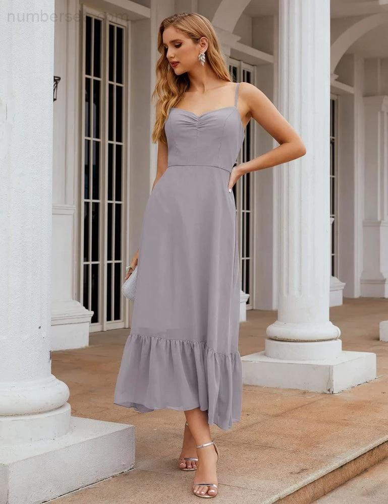 Numbersea Spaghetti Strap Chiffon Bridesmaid Dress Ankle Length Formal A Line Cocktail Party Homecoming Dress for Juniors SEA28028 by numbersea
