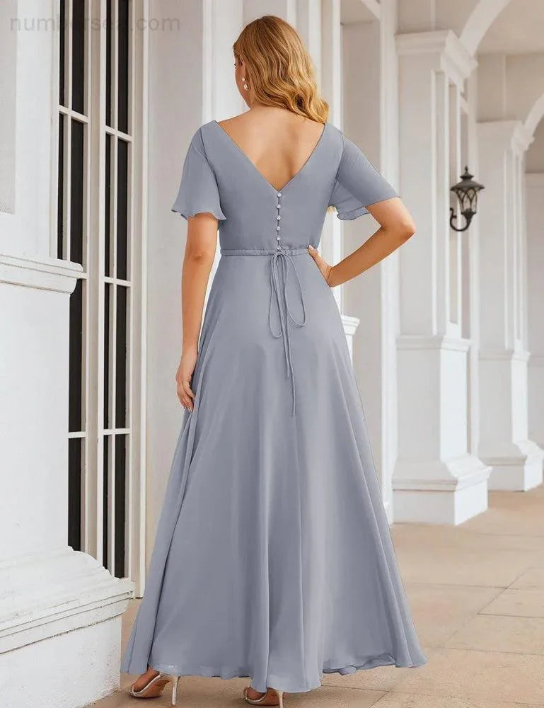 Numbersea Wrap V-Neck Chiffon Bridesmaid Dresses Long Formal Maxi Evening Gown for Wedding Guests  SEA28049
