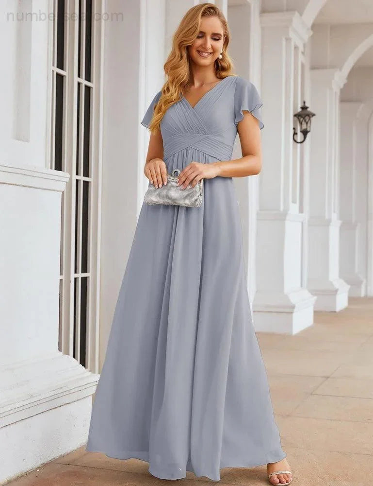 Numbersea Chiffon-Brautjungfernkleid mit kurzen Ärmeln, Maxikleid, Abendkleid, Partykleid, Hochzeitskleid, Mutter-der-Braut-Kleid für Damen SEA28047 