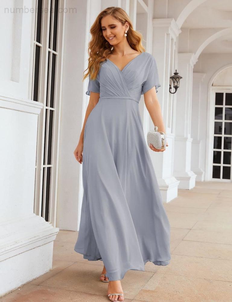 Numbersea Wrap V-Neck Chiffon Bridesmaid Dresses Long Formal Maxi Evening Gown for Wedding Guests  SEA28049