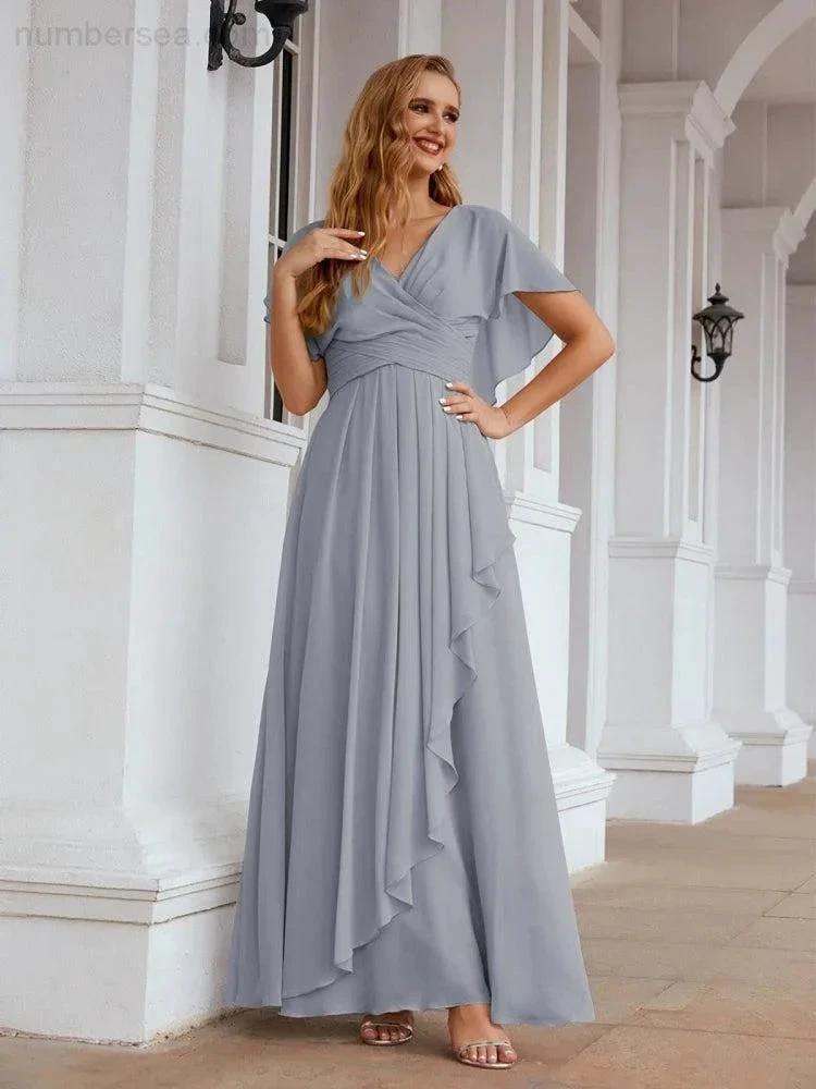 Numbersea Chiffon Bridesmaid Dresses Long Formal Evening Prom Mother of The Bride Dress with Flutter Sleeve     SEA28040