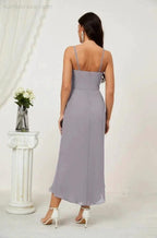 Numbersea Spaghetti Chiffon V Neck Bridesmaid Dress Mid-Length Slit Formal Prom Dress Homecoming Dress 2803 by numbersea