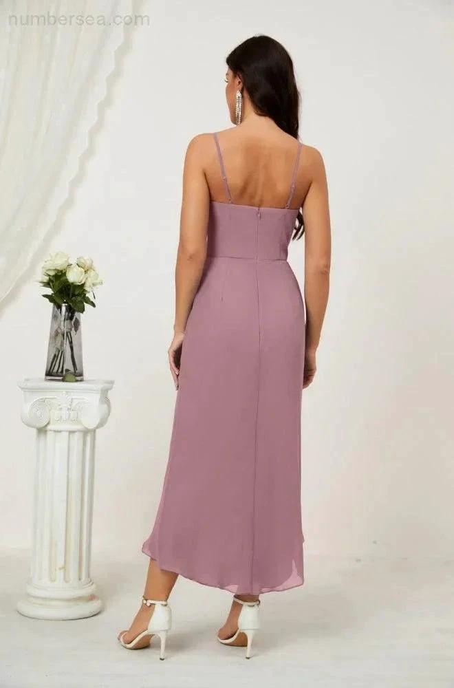 Numbersea Spaghetti Chiffon V Neck Bridesmaid Dress Mid-Length Slit Formal Prom Dress Homecoming Dress 2803 by numbersea