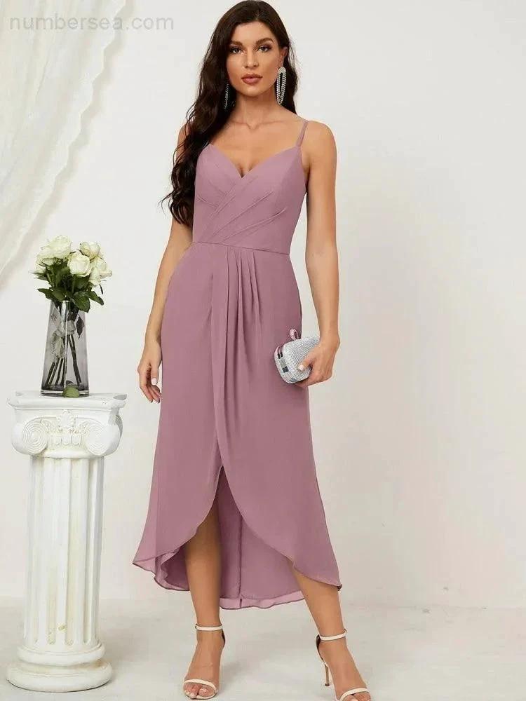 Numbersea Spaghetti Chiffon V Neck Bridesmaid Dress Mid-Length Slit Formal Prom Dress Homecoming Dress 2803 by numbersea