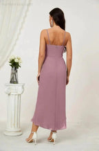 Numbersea Spaghetti Chiffon V Neck Bridesmaid Dress Mid-Length Slit Formal Prom Dress Homecoming Dress 2803 by numbersea