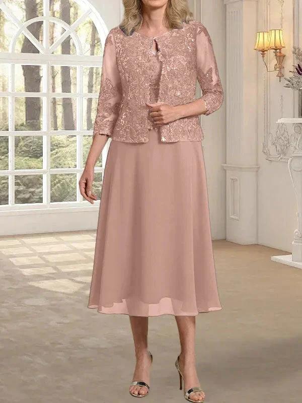 A-line Scoop Tea-Length Lace Chiffon Mother of the Bride Dress With Sequins by Dreamylily