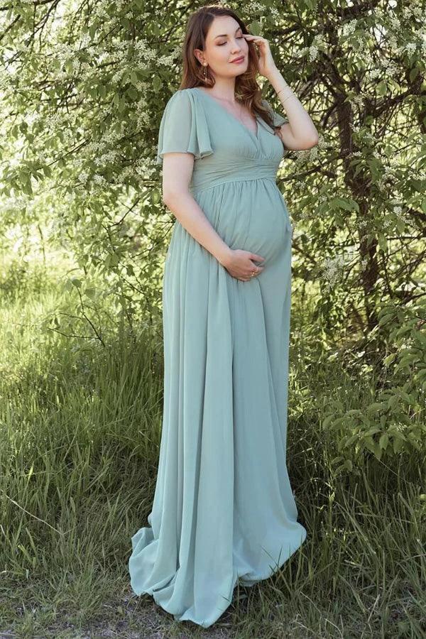 Dusty Sage V-Neck Maternity Bridesmaid Dress with Flared Sleeves BD129 by pgmdress