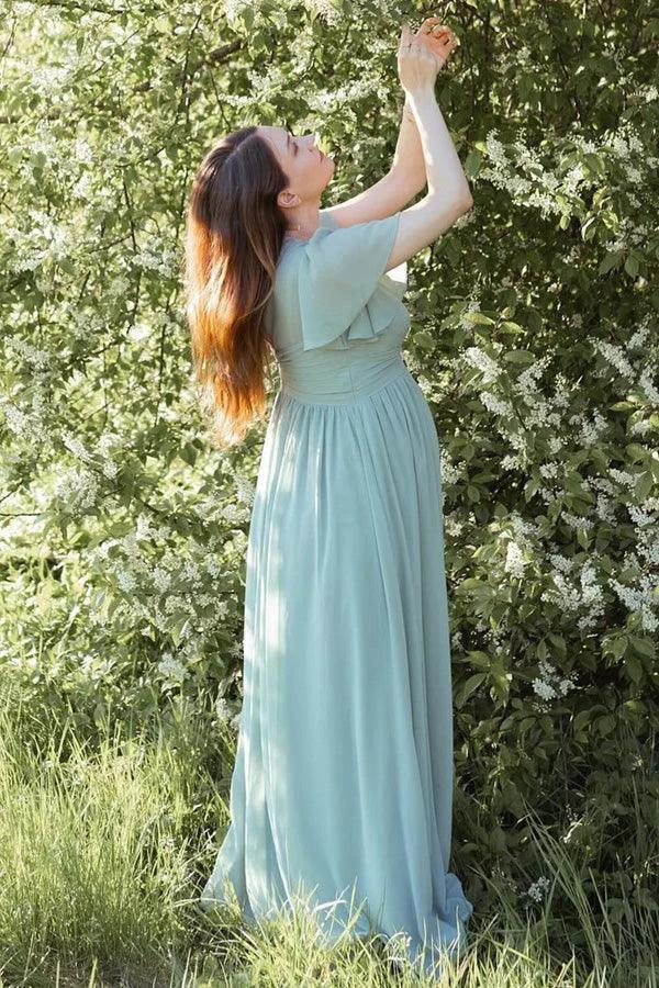 Dusty Sage V-Neck Maternity Bridesmaid Dress with Flared Sleeves BD129 by pgmdress