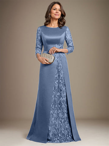 A-Linie U-Ausschnitt Bodenlang Spitze Satin Kleid für die Brautmutter mit Applikation 