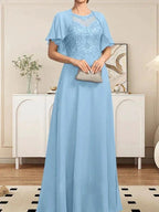 A-line Scoop Illusion Floor-Length Lace Chiffon Mother of the Bride Dress With Sequins by Dreamylily