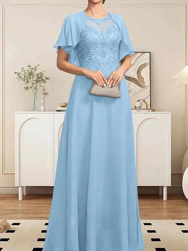 A-line Scoop Illusion Floor-Length Lace Chiffon Mother of the Bride Dress With Sequins by Dreamylily