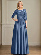 A-line Scoop Illusion Floor-Length Satin Lace Mother of the Bride Dress With Sequins Bow by Dreamylily