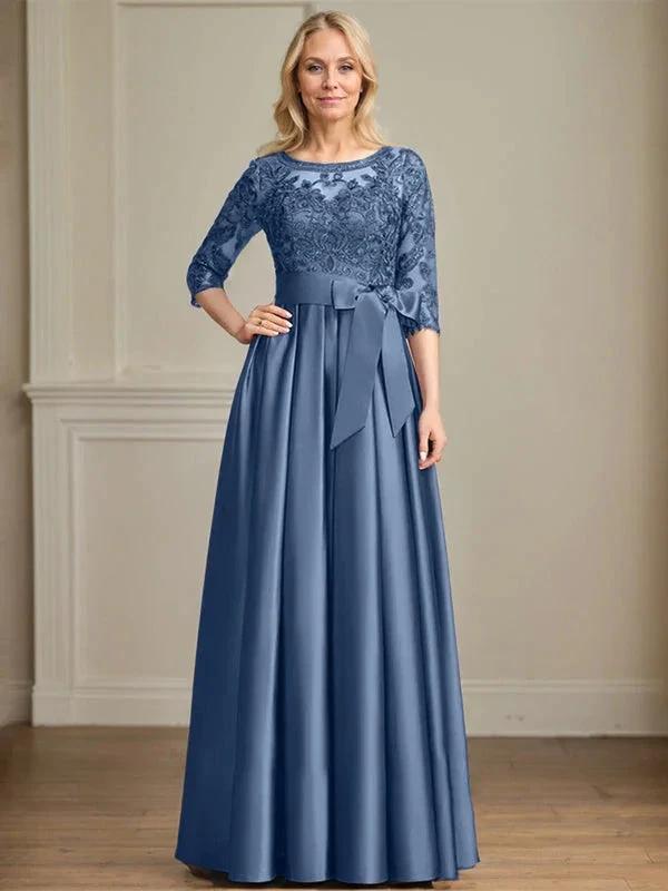 A-line Scoop Illusion Floor-Length Satin Lace Mother of the Bride Dress With Sequins Bow by Dreamylily